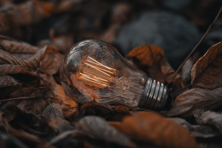 A stunning vintage light bulb glows warmly among autumn leaves, creating a tranquil and serene atmosphere. This close-up captures natural beauty and seasonal charm, perfect for various artistic and design projects.の素材