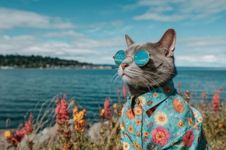 A fashionable cat wearing a floral button-up shirt and tiny round sunglasses poses by the water, surrounded by colorful flowers. Ideal for pet lovers.の素材