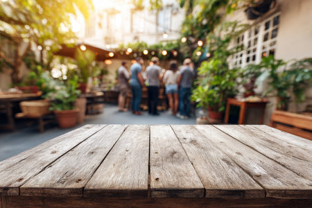 A rustic empty wooden table sets the scene for an outdoor picnic, surrounded by friends enjoying a lively gathering. The vibrant greenery enhances the inviting atmosphere.の素材