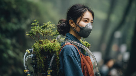 A human figure stands in a lush garden, wearing a respirator mask, surrounded by greenery and plants. This image symbolizes the connection between technology and nature.の素材