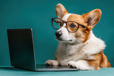 A charming corgi dog wearing nerdy glasses intently focuses on a laptop screen, embodying a delightful blend of cuteness and curiosity in a modern indoor setting.の素材