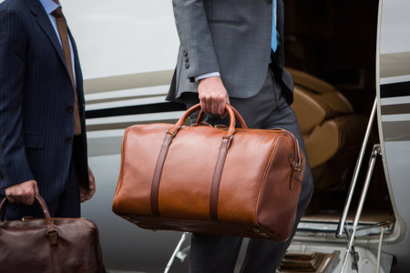 A close-up view of a stylish leather luggage bag being loaded onto a luxury private jet, highlighting exquisite craftsmanship and sophistication in travel.の素材
