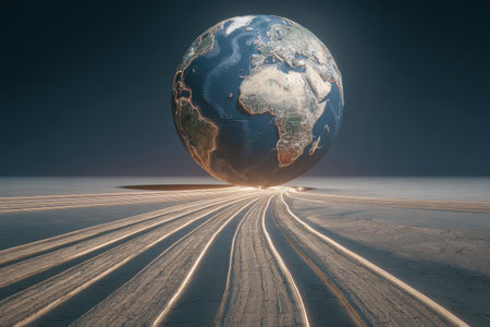 A captivating image of a globe hovering above a cracked landscape, illuminated by trailing lights, creating a surreal and striking visual that represents earth's fragility.の素材