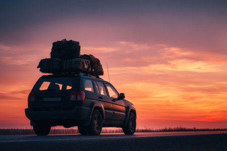 A stunning artistic silhouette of a car loaded with luggage at sunset, highlighting the journey and adventure spirit. Ideal for travel themes.の素材
