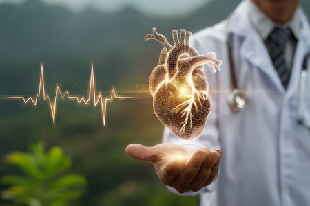 A doctor in a white coat demonstrates a holographic heart projection while displaying health data in a serene outdoor setting, symbolizing innovation in healthcare.の素材