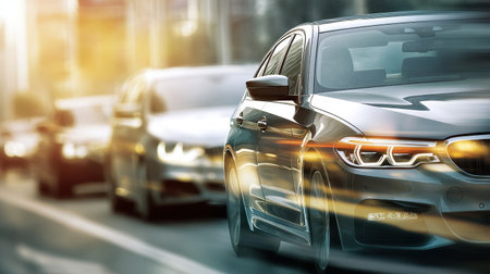 A stunning view of multiple luxury cars gliding gracefully under warm sunlight on a bustling city street. The image captures the essence of modern urban lifestyle and travel.の素材