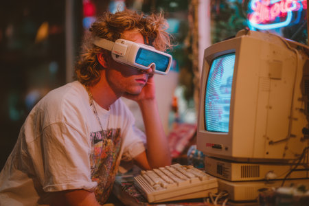 A young man with a mullet hairstyle experiences virtual reality through a VR headset, immersed in a vibrant retro computer setup.の素材