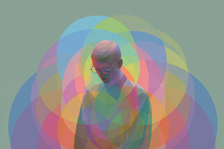 A captivating image showing a person surrounded by overlapping transparent geometric shapes in vibrant colors, creating an intriguing abstract visual effect.の素材