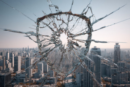 A captivating digital representation of a cracked shield icon suspended above a modern cityscape, symbolizing protection and vulnerability amidst urban advancement.の素材