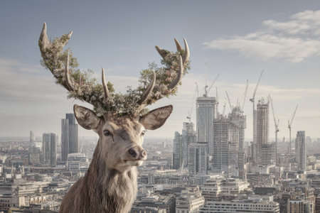 A majestic stag with lush antlers reaches into a vibrant city skyline, symbolizing the harmony of nature within urban environments. This artwork captures the contrast and beauty of wildlife amidst construction.の素材