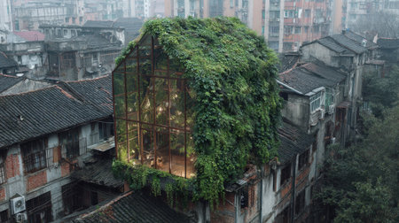 Discover a stunning rooftop greenhouse crafted from upcycled glass, surrounded by lush greenery in an urban environment. This unique structure blends nature with sustainable design, illuminating the creative potential of repurposed materials.の素材