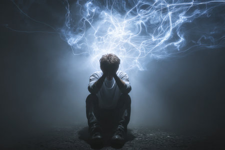 A top view of a distressed person sitting alone on the ground, surrounded by swirling light in a dark atmosphere, capturing deep emotion and solitude.の素材