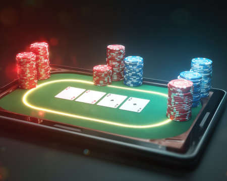 Experience a vibrant digital poker table featuring glowing chips and dynamic gameplay. This image encapsulates the thrilling atmosphere of online poker in a modern gaming world.の素材
