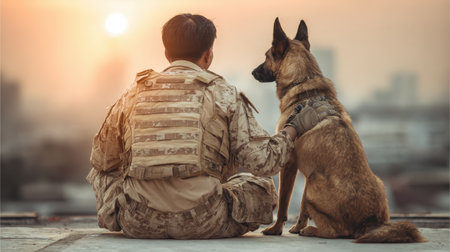A soldier kneels beside a military dog against the backdrop of a stunning sunset in an urban setting, capturing the essence of loyalty and teamwork.の素材