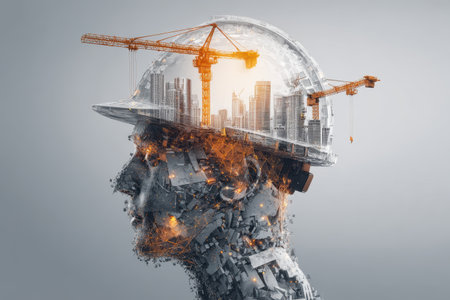 This imaginative image depicts an engineer's profile filled with skyscrapers and construction elements, symbolizing innovation and urban progress in modern society.の素材