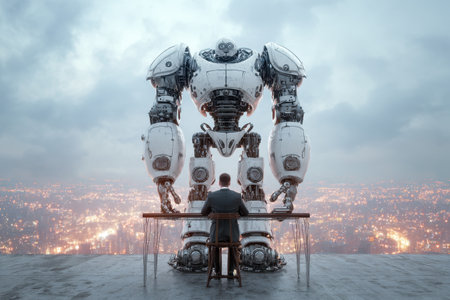 A man sits at a desk with a robot standing behind him. The robot is white and has a menacing look on its face. The scene is set in a city at night, with the city lights illuminating the areaの素材