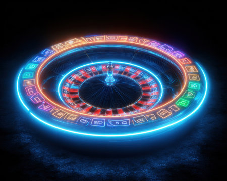 Experience a high concept digital banner showcasing a spinning roulette wheel filled with vibrant neon colors against a dark background. Ideal for gambling and gaming themes.の素材