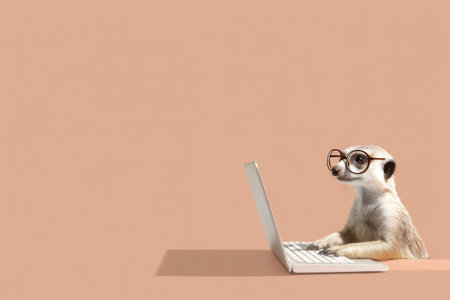 A whimsical meerkat wearing oversized glasses sits upright at a laptop, embodying a charming bookish character. The light beige background enhances the cute, creative atmosphere, making it perfect for fun educational themes.の素材