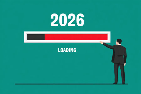 A businessman stands in front of a progress bar displaying 2026 loading, symbolizing future goals and planning. The illustration captures aspirations, strategy, and growth in a professional context.の素材