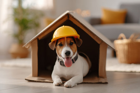 A joyful dog wearing a yellow helmet poses in a cardboard house, showcasing a playful and cozy atmosphere in a stylish living room setting.の素材