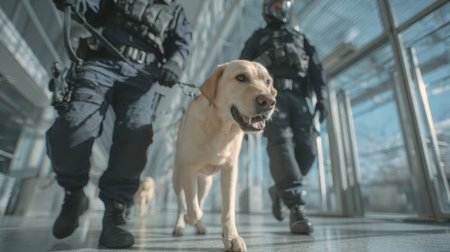 Two security personnel in tactical gear guide a trained dog on a leash through a modern indoor space, showcasing teamwork and vigilance in a safety-focused environment.の素材