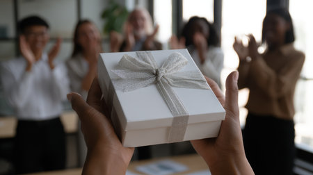 A close-up image of hands offering a formal gift box in an office setting, with colleagues applauding in the background, embodying appreciation and teamwork.の素材