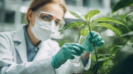 A dedicated scientist in a futuristic lab conducts research on sustainable plant growth, using advanced biotechnology to enhance cultivation methods and environmental care.の素材