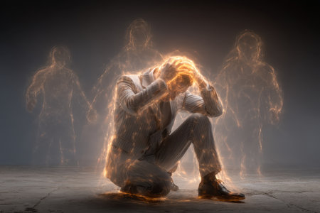 A distressed man in a suit sits slumped on the floor, overwhelmed by his emotions. Ghostly silhouettes represent his past experiences and struggles.の素材