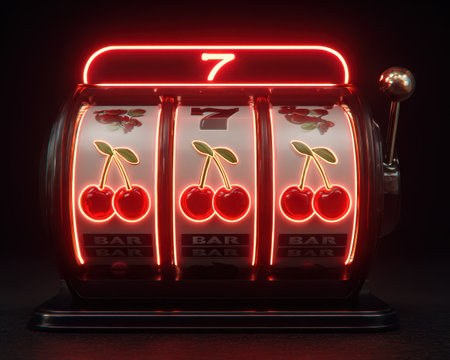 This image showcases an abstract neon-lit slot machine interface, featuring bright cherry symbols on spinning reels, perfect for conveying modern gambling aesthetics.の素材