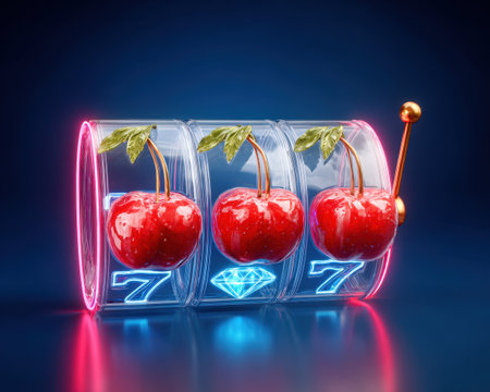 Neon Abstract Slot Machine Interface with Holographic Elements and Bright Cherry Symbolsの素材
