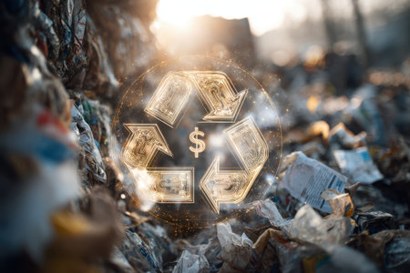 Circular Economy Finance Concept with Transparent Recycling Symbol over Waste Backgroundの素材