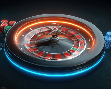 High Concept Digital Banner Featuring Spinning Roulette Wheel with Chips on Table Backgroundの素材
