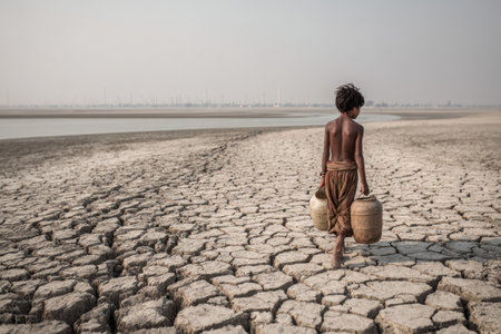 Child Walking Barefoot Carrying Water Jugs Across Dry Cracked Ground in a Deserted Landscapeの素材