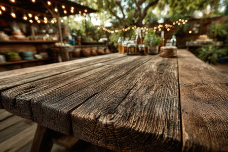 Rustic Wooden Table Set for Outdoor Picnic with Friends and Twinkling Lights at Duskの素材