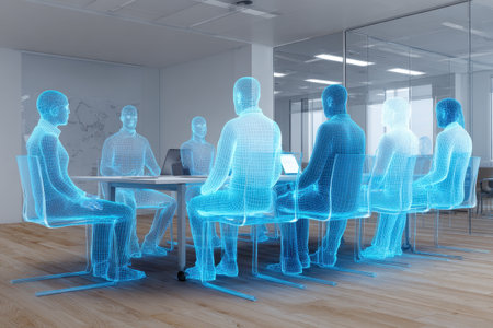 Futuristic Office Meeting with Translucent Chairs and Digital Participants in Modern Workspaceの素材