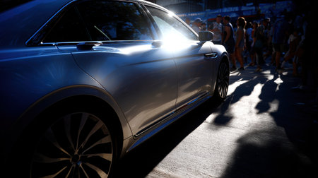 A stunning side angle view of a modern car illuminated by sunlight, showcasing its sleek design against an urban backdrop filled with people.の素材