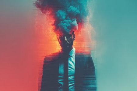 This striking image captures an anxious executive enveloped in abstract smoke, symbolizing stress and creativity. The vivid colors create a dramatic effect.の素材