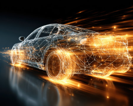 Stunning visual of an electric car launching into a vibrant vortex of light and energy, representing futuristic innovation and dynamic motion.の素材