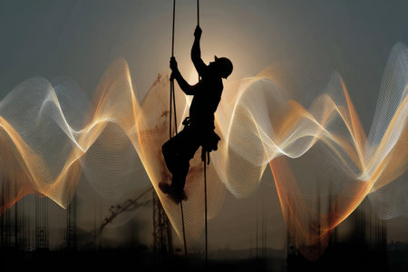 A silhouetted builder ascends with lifting tools against a beautiful sunset, showcasing strength and determination in construction work.の素材