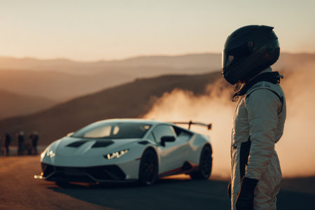 A driver in a racing suit stands on the racetrack, gazing at a sports car against a stunning sunset horizon, evoking a sense of adventure and passion.の素材