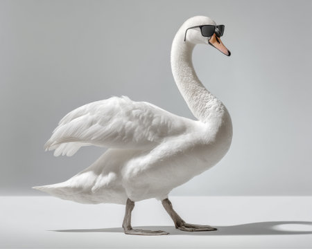 A striking image of a graceful swan wearing luxury sunglasses, exuding confidence and style. Perfect for themes of beauty, nature, and elegance in photography.の素材