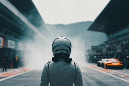 This image captures the intense moment of a driver facing the racetrack horizon, enveloped in smoke, creating a thrilling motorsport atmosphere.の素材