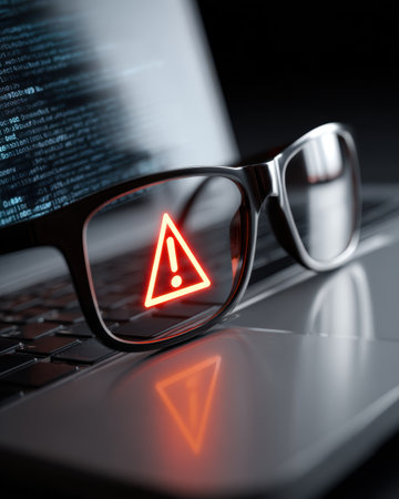 A close-up view of a laptop with a cyber threat alert displayed. The reflection in the glasses emphasizes the importance of cybersecurity awareness and vigilance in a digital world.の素材