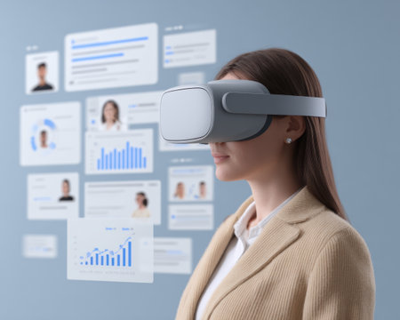A professional marketer interacts with virtual reality technology, wearing a VR headset to analyze data. This immersive experience enhances insights and marketing strategies in the digital landscape.の素材
