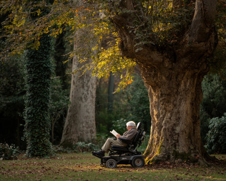 An elderly man sits comfortably in an ergonomic wheelchair, reading a book under a large tree, enjoying the peacefulness of nature in a scenic park setting.の素材