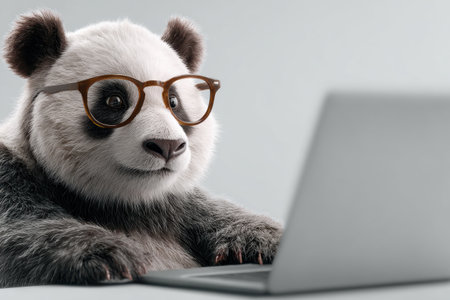 A delightful panda with sleek glasses intently types on a laptop, showcasing a modern workspace atmosphere filled with curiosity and playful charm.の素材
