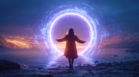 A person stands at the water's edge, reaching toward a luminous portal that glows against a serene dusk sky. The enchanting scene evokes feelings of adventure and possibility.の素材