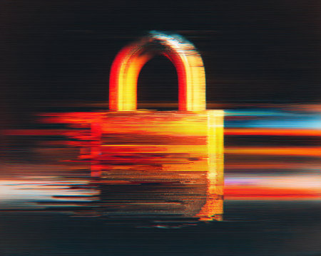 A captivating digital artwork featuring a melting lock icon, experiencing a glitch effect. Vibrant colors and fragmented visuals create a dynamic representation of technology and security.の素材