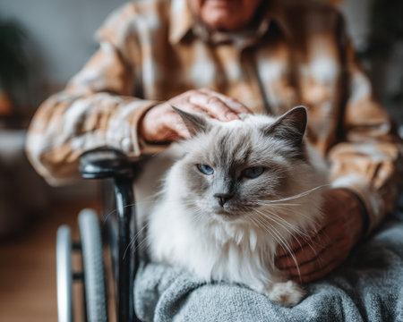 A heartwarming scene of a senior individual in a wheelchair gently petting a fluffy cat perched on their lap, showcasing the bond and companionship in a cozy indoor setting.の素材