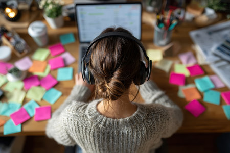 An overhead shot depicts a consultant working at a cluttered workstation with a headset, surrounded by colorful sticky notes and a laptop, showcasing a modern workspace.の素材